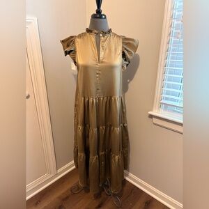 NWT Pinch Olive Green Ruffle Silk Midi Dress. Size Medium.